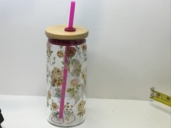 Clementine Paper Inc. 20oz Glass Tumble Gold Accented Floral Bamboo Lid & Straw