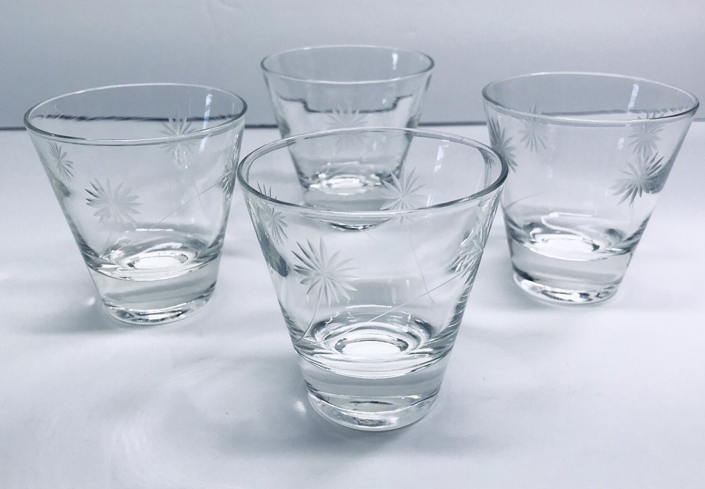 Vintage Cordial Glasses Atomic Star Burst Etched Glass 2 oz Set Of 4