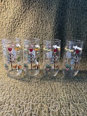 Thomson Pottery BIRDHOUSE lot of 4 pcs Glass Tumblers 16 oz 6″ tall & 2.75″ diam