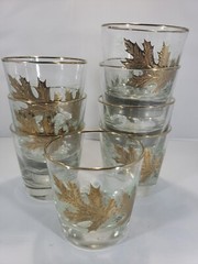 MCM 8 Drinking Glass Whiskey Libbey Glass Oak Leaves 22K Gold