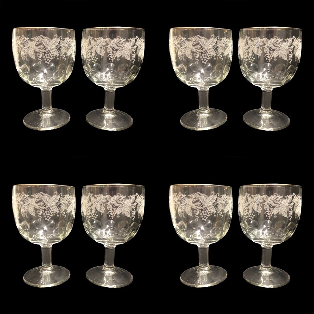 Set of 8 Bartlett Collins 6.25” Goblets Clear Gold Trim White Grape & Leaf Decal