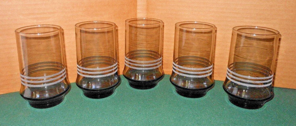 5 Smoke Grey Striped Glass TUMBLERS Vintage