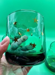 4 Vintage 90s Anchor Hocking Emerald Green Glasses Gold Star Swirl Celestial EUC