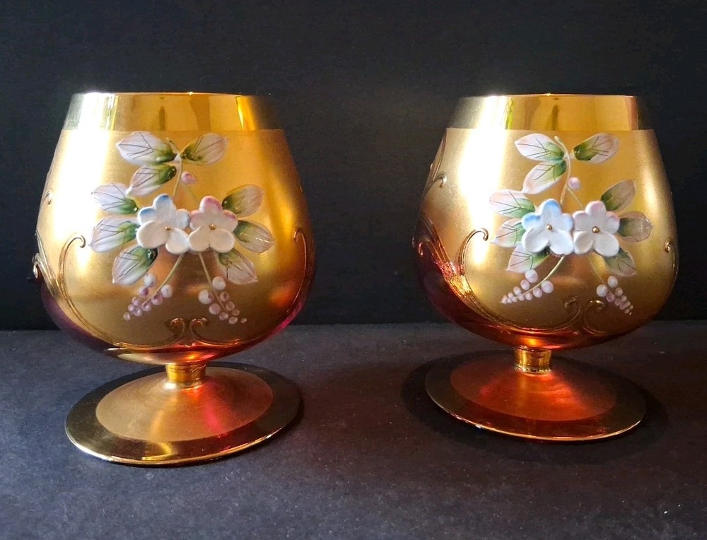 Bohemian Cranberry Glass Brandy Snifter Gold Enamel Overlay With Flowers- Pair