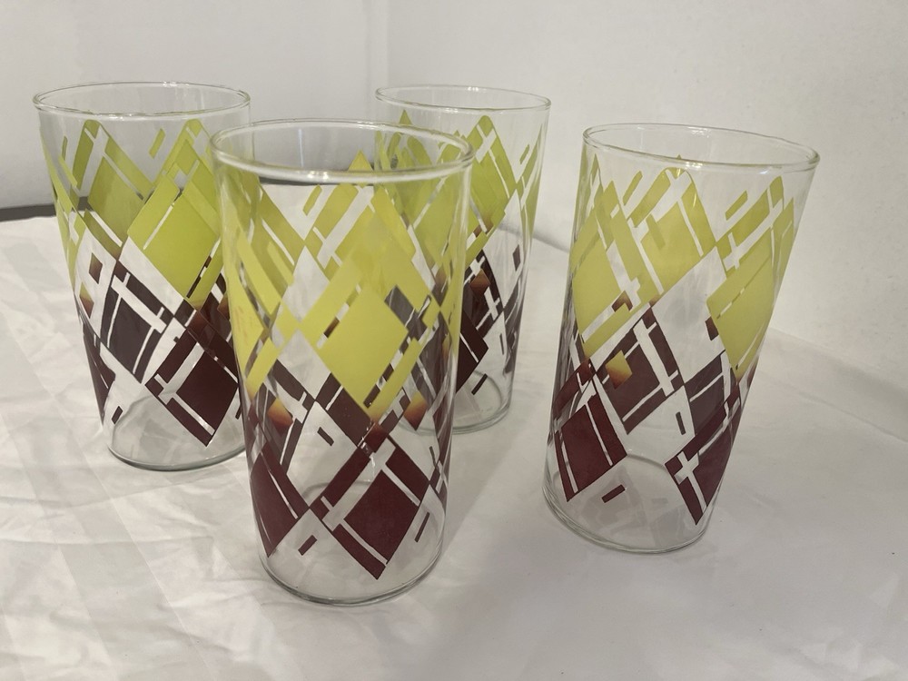 MCM VINTAGE TUMBLER GLASSES BROWN & YELLOW DIAMOND PLAID 6.5” X 3.24” Set Of 4