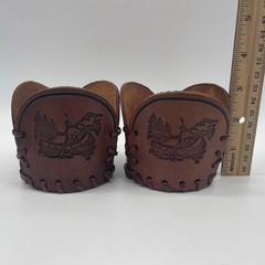 Two Libbey Bamco Western Texas Buffalo Tooled Leather Drinking Glass Holders