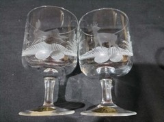 2 SALZBURGER CRISTALLGLAS Deer Stag Rabbit Etched Crystal Wine Glass Austria