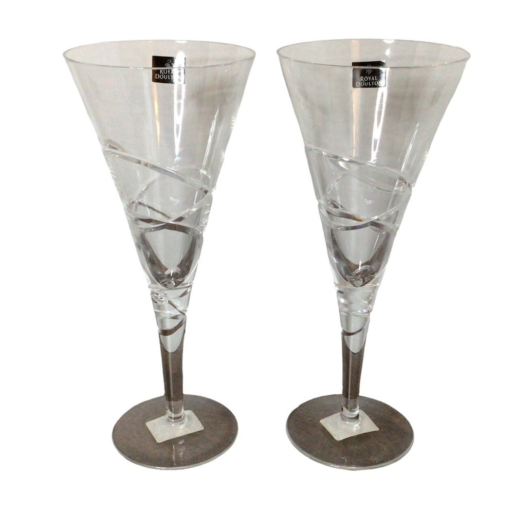 Set of 2 Royal Doulton Lead Crystal Saturn Iced Tea Goblet Champagne Flute 370ml