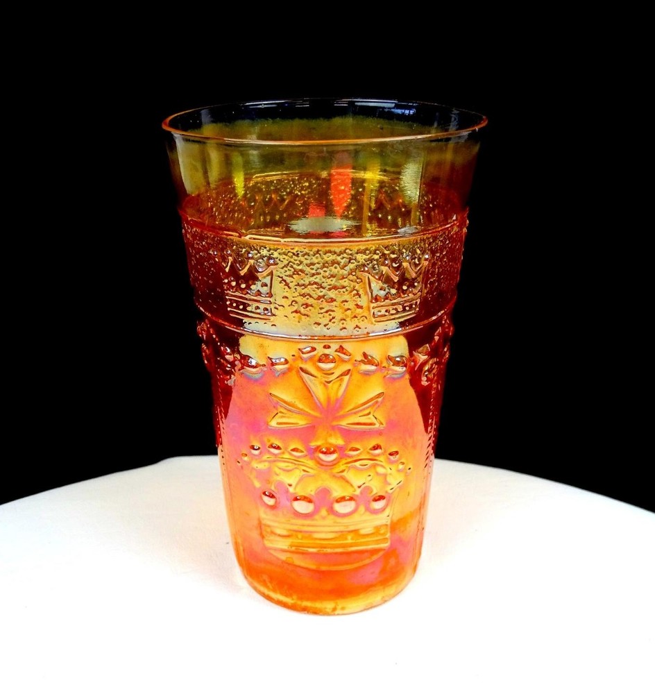 Jain Carnival Glass India Marigold Crown Of India Vintage 5 1/2″ Tumbler 1935-