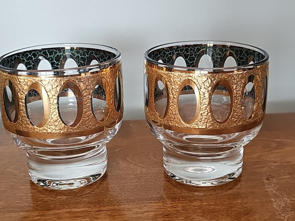 Set of 2 Culver Pisa Piza Punch Cup Glasses 4 oz Glass Cups 22K Gold Vintage MCM