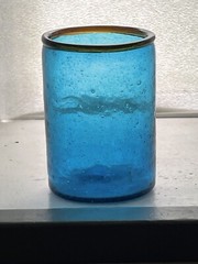 Vibrant Electric Blue Bubble Glass Tumbler With Applied Amber Brown Rim Vintage