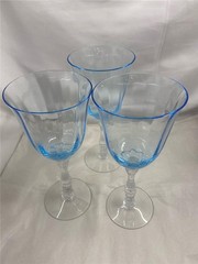 3 Fostoria Wilma Azure Blue Claret Wine Glass 7.75″ Blue Bowl Clear Bumpy Stem