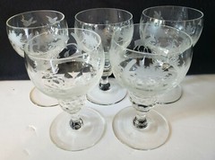 Vintage Crystal Claret Wine WOODLAND WILD ANIMALS FOREST TREES Etched SET of 5