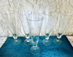 FIVE 1950s Arcadia Crystal Orlean Mid-Century Etched Floral Beer Pilsner Glasses