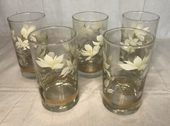 LOT OF 5 VINTAGE MCM LIBBEY FLORAL FLOWER GOLD GLASS CLEAR TUMBLER GLASSES 10 OZ
