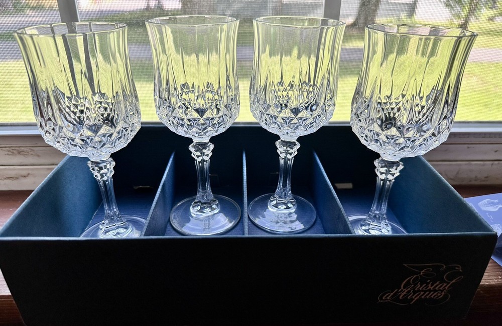Cristal d’Arques Glasses Longchamp Crystal Wine Water Glasses 5.75oz 4 Piece VTG