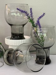 6 Vintage Federal Glass SUNDOWN Smoke Gray Pedestal Goblets, Retro Barware 1960s