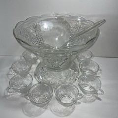 Vintage Anchor Hocking Glass Punch Bowl Set Base Stand Ladle Cups – Grapevine