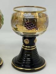 BEAUTIFUL SET(3) GERMAN Green/Gold Etched Grapes & Leaves Glass Goblets MARKED