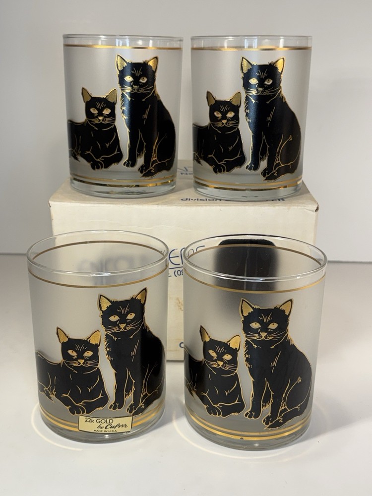 Vintage MCM Culver CATS #024 Double Old Fashioned Glasses Set OF 4 22k Gold Trim