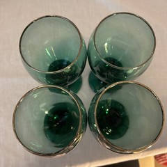 Vintage Set Of 4 Libbey Glass Juniper Green Teardrop Water Wine Goblets Gold Rim