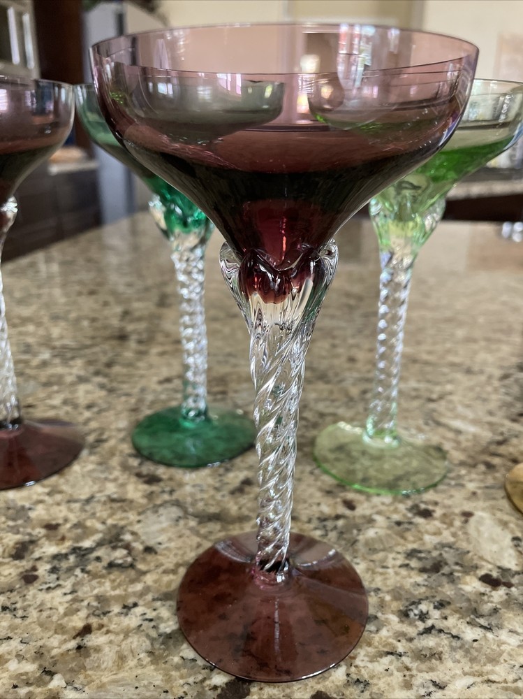 Champagne Sherbet Glasses in Jewel tone Colors with Icicle Twist Clear Stem (7)