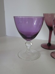 Lot of 4 assorted Amethyst glass shot and coctail glasses MCM barware purple