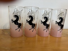 Set of four vintage Libbey frosted pink highball glasses horses 22K Gold Accents