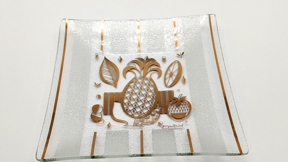 Vintage MCM Georges Briard 8 X 8 Glass Tray Pineapple Frosted Stripes Barware