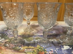 Antique EAPG Indiana Glass Daisy & Button Narcissus Goblets Hex Foot Set 5 c1910