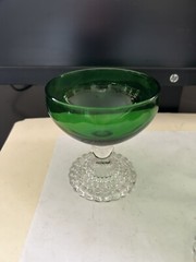 3 VINTAGE HOCKING GREEN CLEAR STEM BUBBLE FOOT CHAMPAGNE SHERBERT GOBLET GLASS