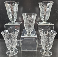 5 Glastonbury Lotus Vesta Clear Juice Glass Set Depression Floral Optic Etch Lot