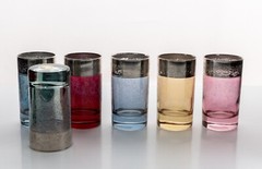 Six Multi-Color Vetri Di Firenze Silver Rim Etched Juice Glasses 4in Used Italy