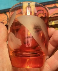 VTG Cranberry Glass Cocktail Juice Glasses with Etched Flower Leaf Set of 4 3”
