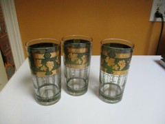 3- Vintage Cera Golden Grapes Green & Gold trim Grape Pattern High Ball glasses