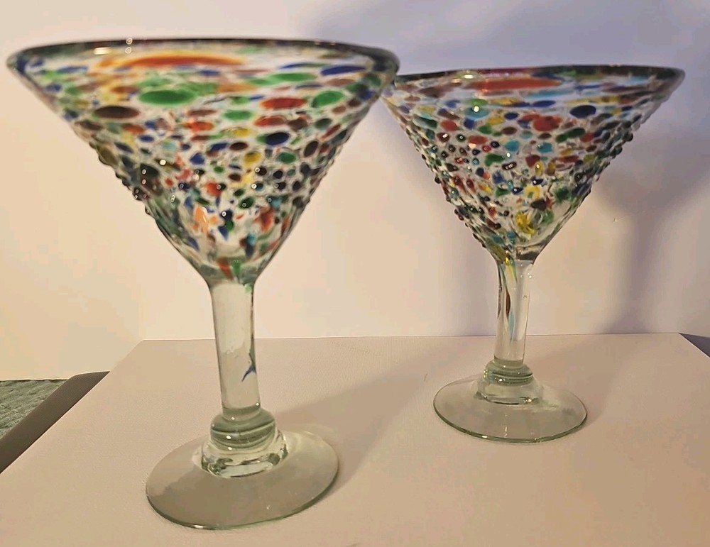 2 Hand Blown Colorful Jewel Toned Colors Pebbled Confetti Martini Glass 3D
