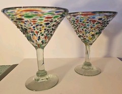 2 Hand Blown Colorful Jewel Toned Colors Pebbled Confetti Martini Glass 3D