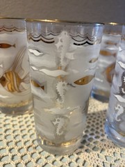6 Libbey MARINE LIFE Glasses Fish Seahorse Gold Aqua 1950s MCM Cocktail