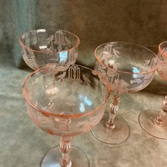 1930s Tiffin glass pink FONTAINE fountain bird etched sherbet/champagne Stems