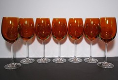 Amber Orange Clear Stem Set of 7 Wine / Water Crystal Luster Goblets 8-1/2” Tall