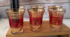 Vintage Set of 6 Cordial Liqueur Glasses 3 1/8 Cranberry Pink Flashed, Gold Gilt
