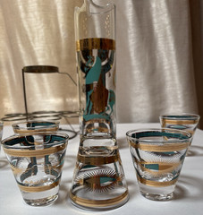 Vtg Barware Fred Press Turquoise Gold Trojan Horse Pitcher 6 Glasses Caddy Set