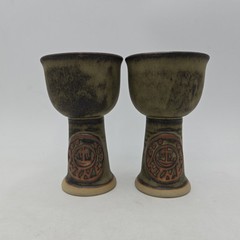 Pair of 2 Art Pottery Wine Goblets by Tremar U.K. | Green & Brown Glaze