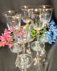 5 Gold Trimmed Optic Ripple Gold Lozenge Trumpet Wine Glasses Goblets Set