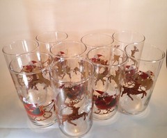 Libbey Tumblers Set of 9 Vintage Santa and Sleigh and Reindeer 5-1/4 Inch Tall