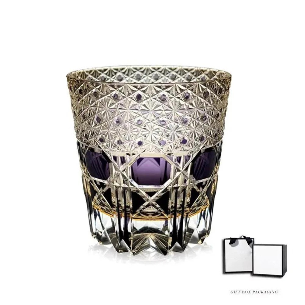 Purple Star Hand Cut Clear Edo Kiriko Crystal Whiskey Tumbler 12Oz Drinkware