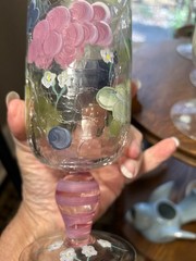 Crackle Water Glasses 6 Hand Blown Stems, Hand Painted Grape Motif Tall
