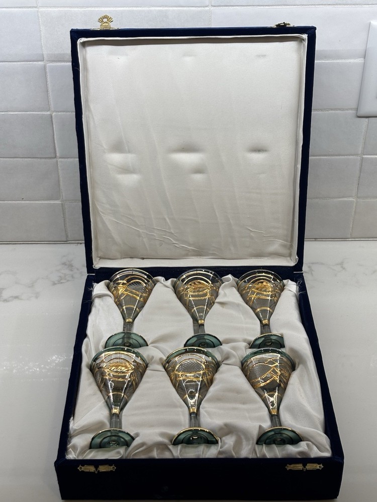 Vintage Set of 6 Italian Blown Glasses Gold