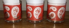 Vintage Set of 3 Culver’s Red Paisley Low Ball Glasses w/22 k Accents