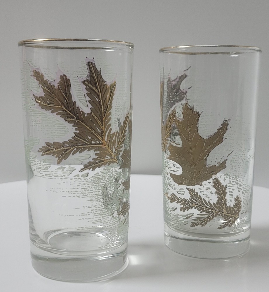 Libbey High Ball Glasses – Golden Oak Leaves with Gold Rim – Set of 2